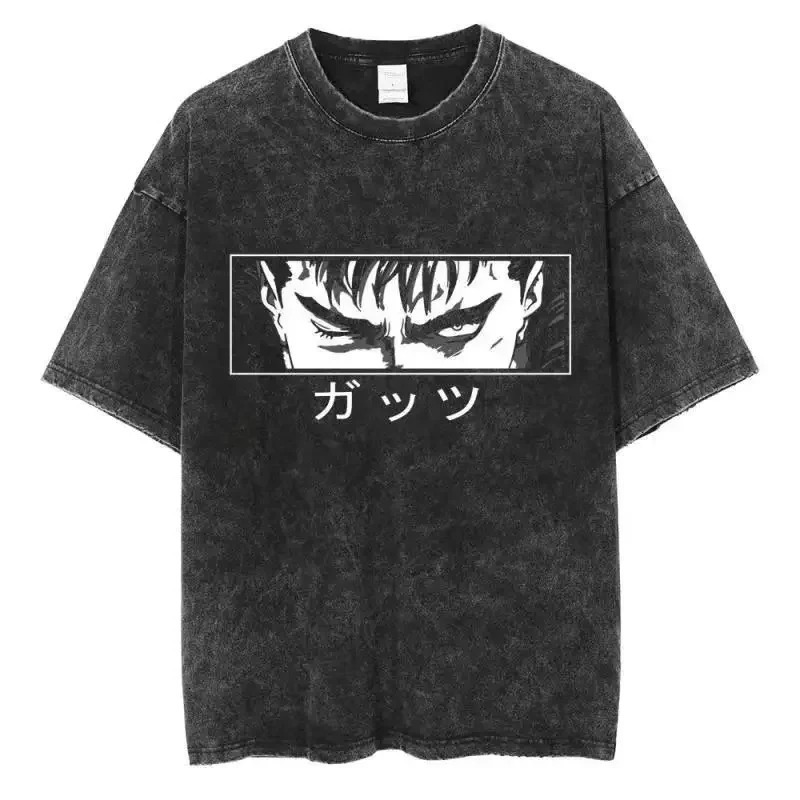 Washed Berserk cotton mens retro Japanese anime oversized shirt streetwear Harajuku summer short sleeved loose top 250408Z