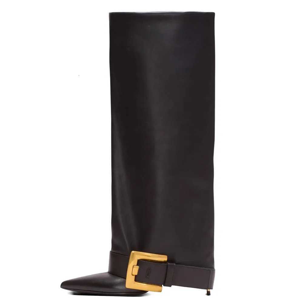 Fashion Ladies Autumn and Winter Belt Buckle Pointed Thin High-heeled Knee High Wens Boots Fion Party Size 34-45 Medium Boots Y251118