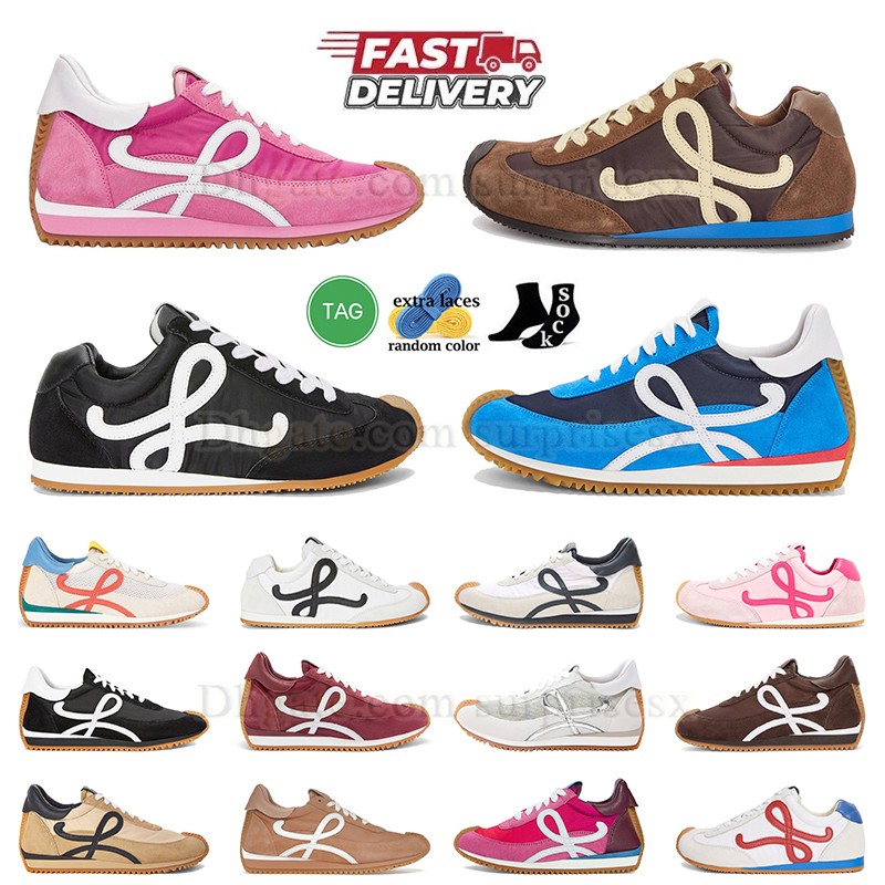 Luxury Flow Runner Sneakers Ballet Runner Casual Shoes Love Schuhe Rubber Calfskin Vintage Loafers Soft Upper Golden Grey Brown Blue Tan Suede Nylon Scarpe Trainers