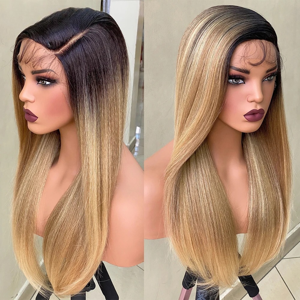 Honey Blonde Ombre Colored Wigs Human Hair Straight Wigs Highlight 13x6 Lace Front Wig 13x4 Glueless Wigs PrePlucked Brazilian Hair For Woman