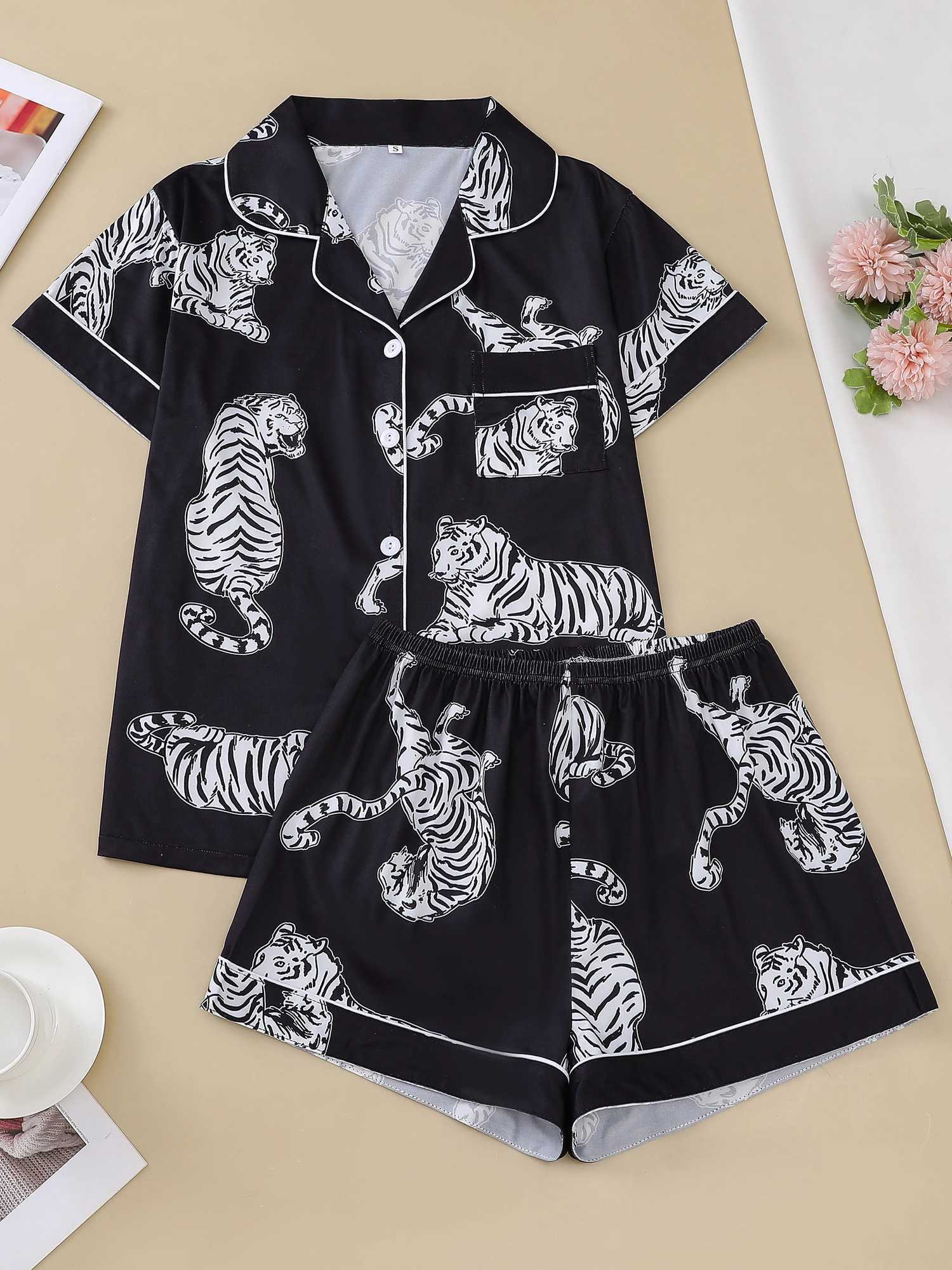 Black Tiger Double Short Womens Printed Pajama Set Collar Short Sleeve Top and Loose Shorts Comfortable Womens PajamasC250418
