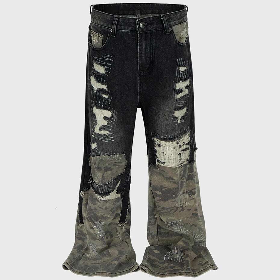 Camouflage Patchwork Vintage Ripped Splicing Flared Denim Pants Men Streetwear Hip Hop Blue Baggy Jeans Trousers
