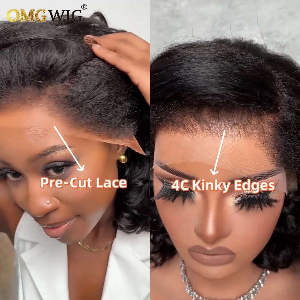 360/5X7 Short Layered Bouncy Curly With 4C Kinky Edges Ready To Go Glueless Human Hair Wigs For Black Women Pre Cut Lace Remy