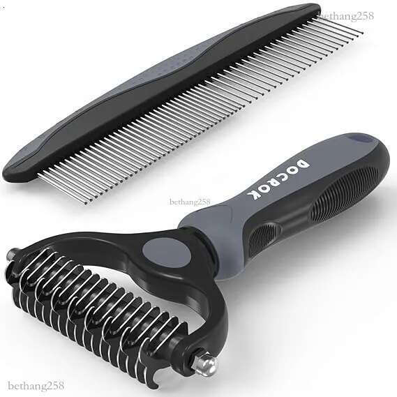 Docrok Pet Grooming Brush and Metal Comb Combo - Undercoat Rake for Dematting and Deshedding Long Matted Haired Dogs and Cats