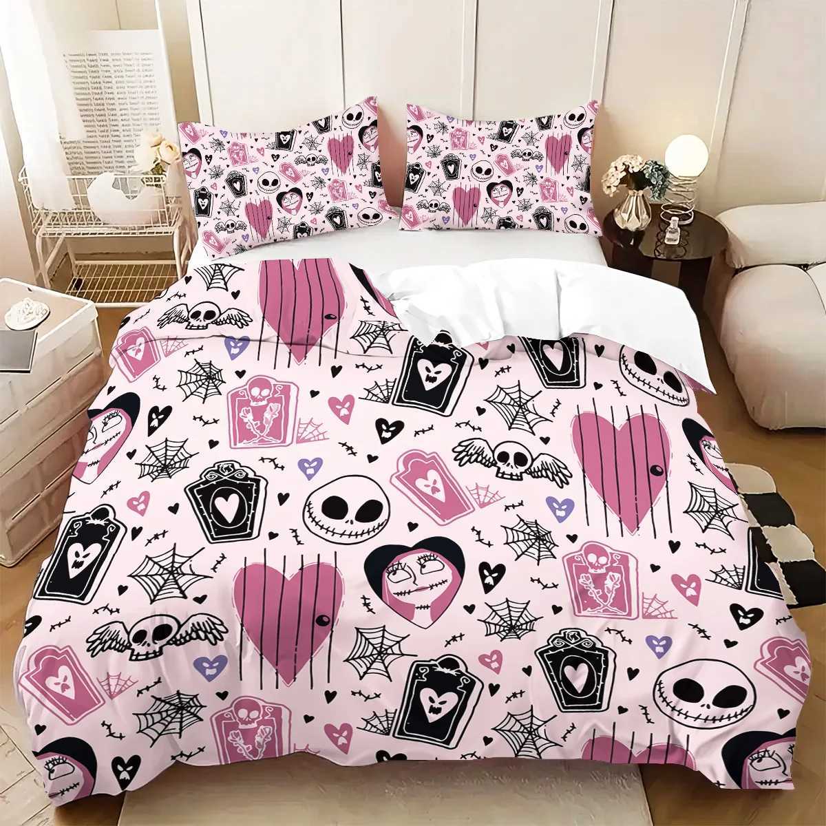 3-piece Halloween themed pink cute skull and heart-shaped pattern duvet cover set 1 duvet cover2 cases corelessM251118
