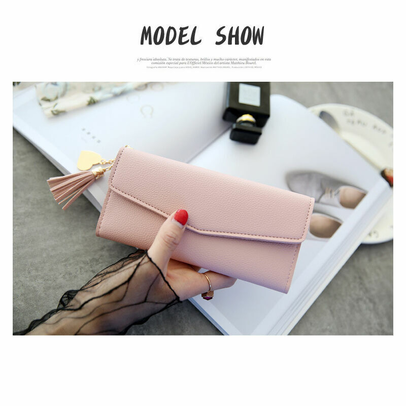 Women's Long Envelope Style Wallet Trifold Multi-card Slot Tassel Decor Purse With Heart-shaped Pendant Card Slots Zipper Cash Pocket