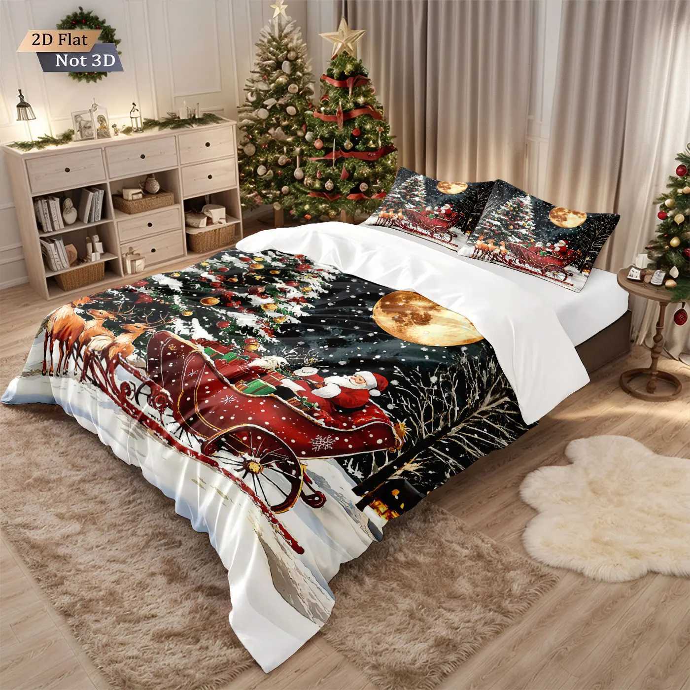 3pcs Santa Claus reindeer red print coreless duvet set multi size bedroom bedding holiday decoration soft machine washableM251118