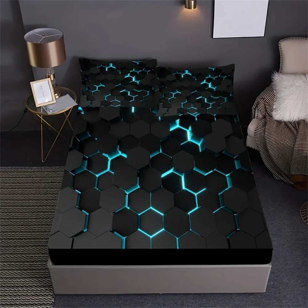 Blue 3D Hexagonal Honeycomb Geometry Print Fitted Sheet Set Column Mosaic Art Neon Mattress Covers Bedding Set With Deep PocketM251118