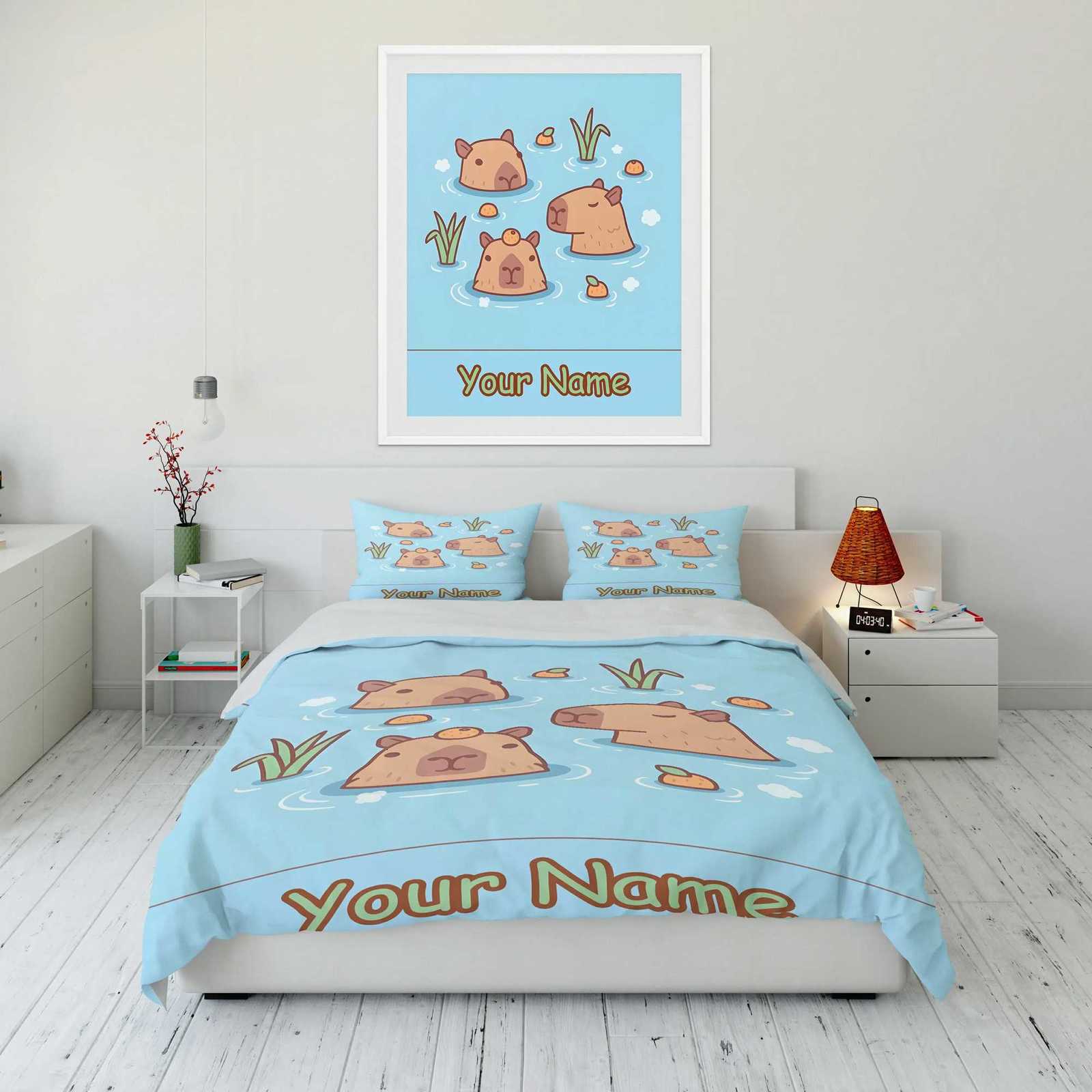 3PC Custom Name Capybara Printed Bedding Set Cartoon Anime Duvet Cover Comforter case Boys Girls Children Adults KingM251118