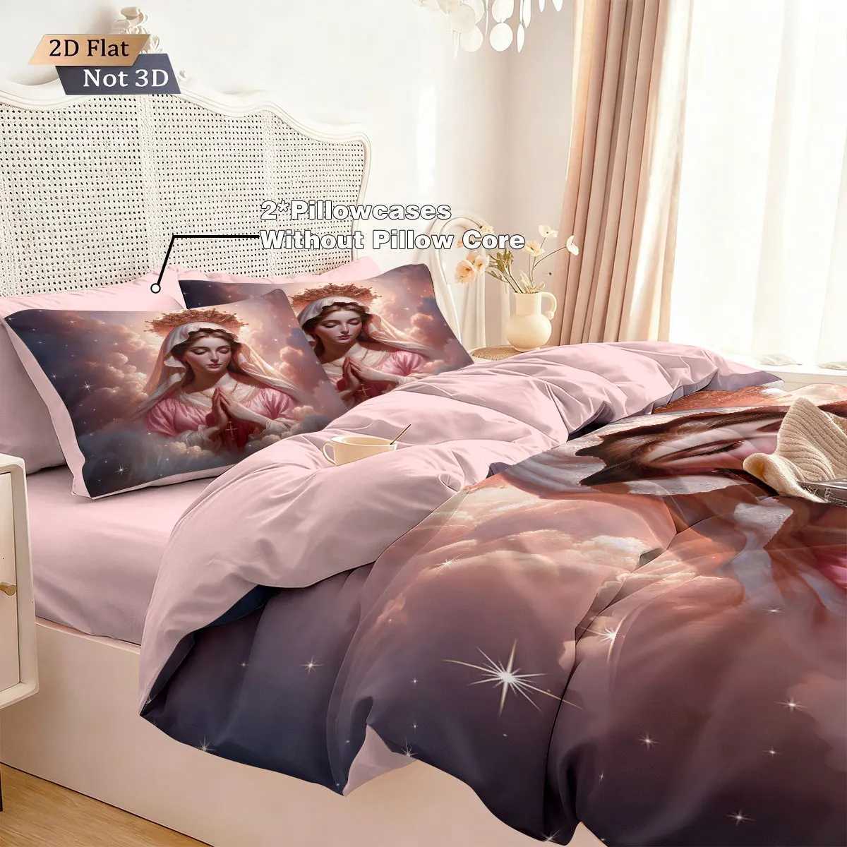 3pcs Virgin Mary Pink Printed Core Free Bedding Set Soft and Comfortable Dormitory Bedroom Multiple Sizes Machine WashableM251118
