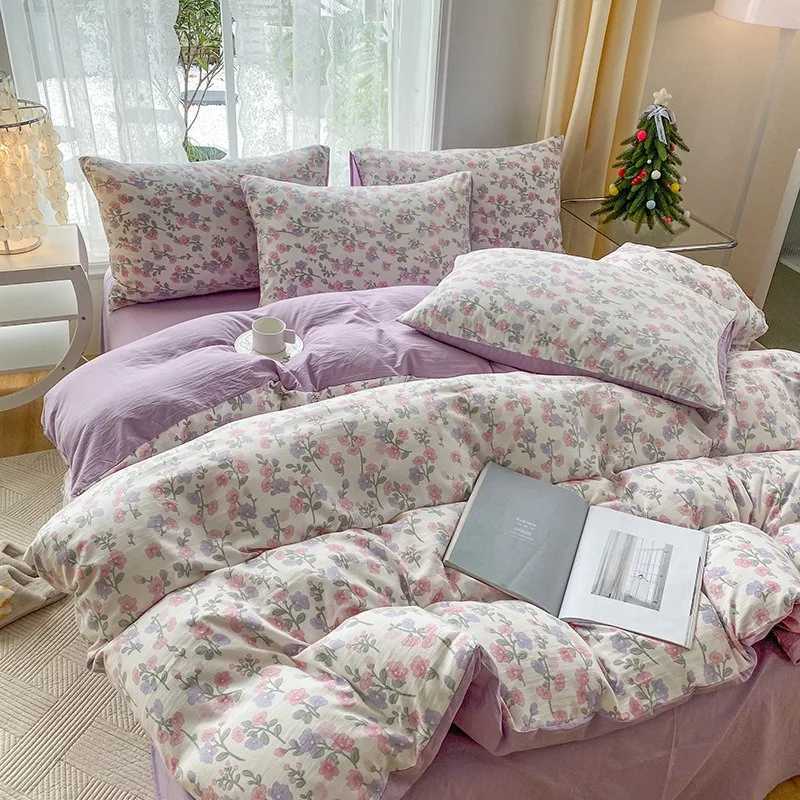 2025 new printed double-layer yarn washable four-piece set floral quilt cover student dormitory bed sheet three-piece setM251118