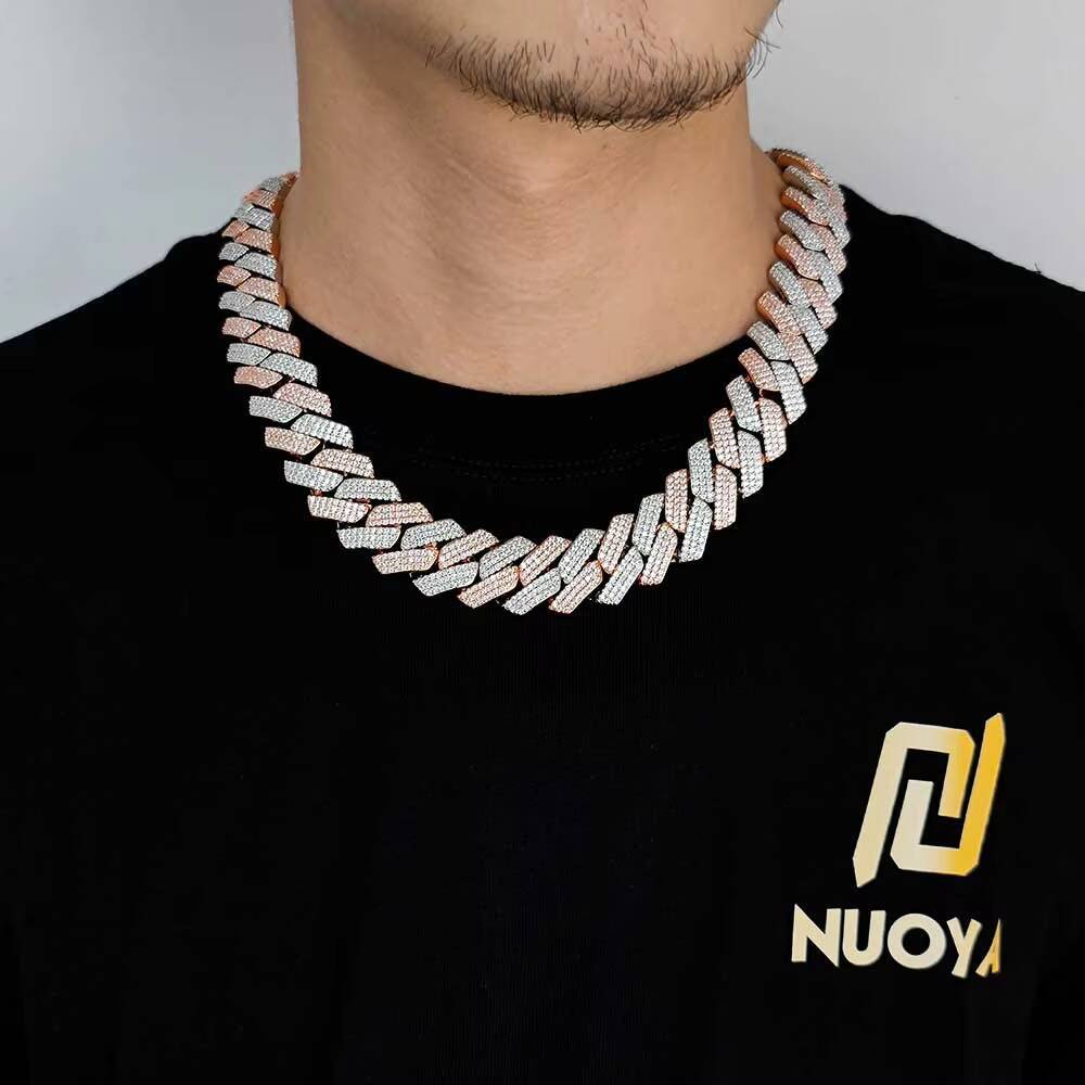 Laboratory cultivation of Moissanite 20mm Pink Silver Gold Plated Cuban Link Brass Chain Hip Hop Iced Out Diamond Bracelet Necklace Fine Jewelry for M