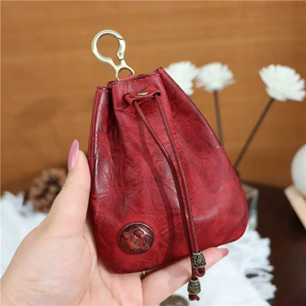 Retro Genuine Leather Coin Purse Pouch Drawstring Wallets Car Key Bag Simple Hanging BagW251118