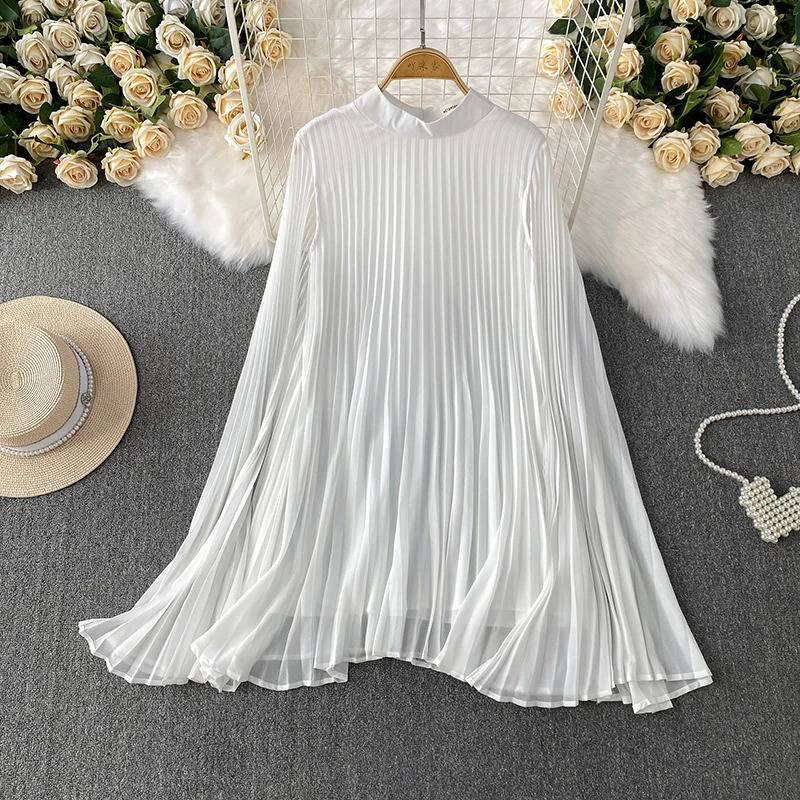 XFPV Fashionable Pleated Dress Women Casual Stand Collar Long Flare Sleeves Solid Color Big Umbrella Dresses Female 22D1140 250417