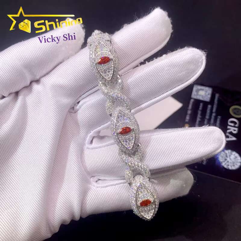 New Design S Sier Iced Out Moissanite Evil Eyes Link Custom Men Full Dia Hip Hop Cuban Bracelet