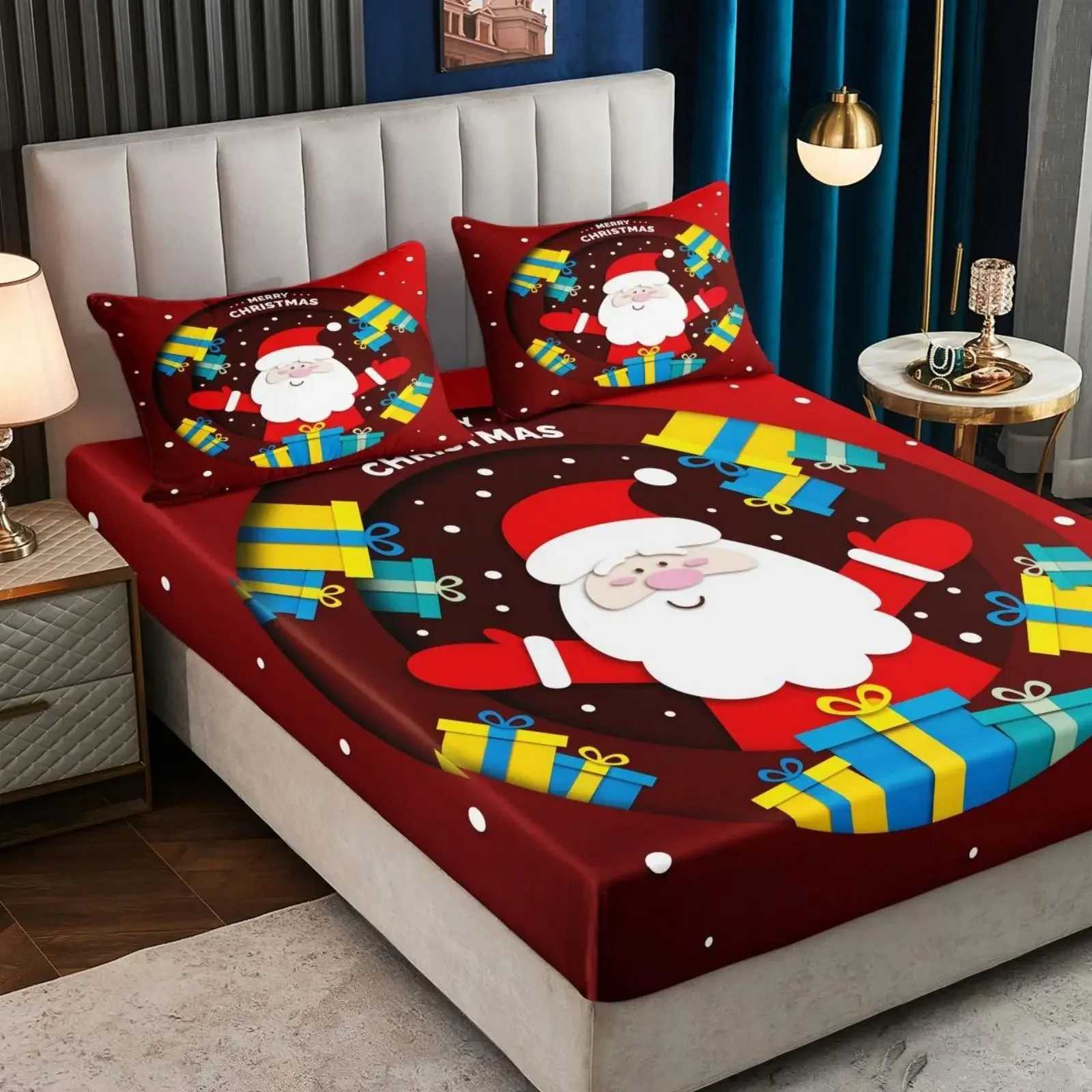 1PC Christmas Gift Santa Claus Digital Print Bed Sheet case Set Sanded Polyester Fitted Sheet with Deep Pocket 30-34cmM251118