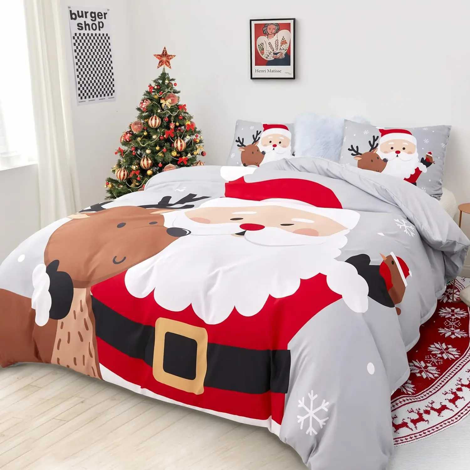 Christmas Duvet Cover Set Queen Size Bedding Comforter Cover Santa Snowflake Santa Claus Pattern For Kids Bedroom DecorationsM251118