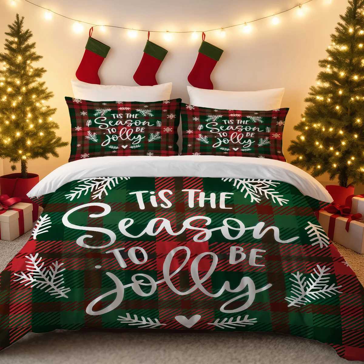 3pcs Checkered Christmas Print Coreless Bedding Set Multiple Size Bedrooms Dormitories All Season Comfortable Machine WashableM251118