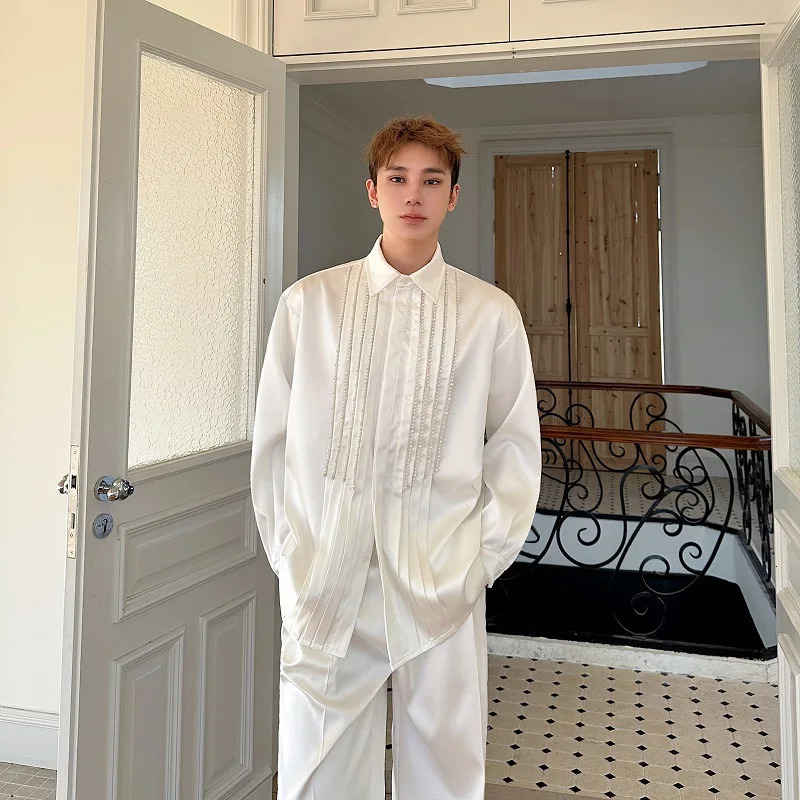 Spring Brocade Lapel Handmade Beaded Long-sleeved Mens Casual Solid Color Versatile Personalized Shirt 250417