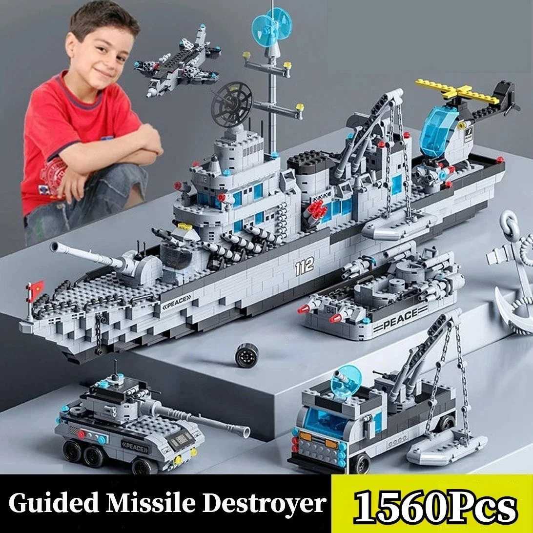 1560pcs 6 IN 1 Military Navy Ship Sets Building Blocks War Army Boat Plane Model Toys for Boys Bricks Toys Christmas Gifts C251118