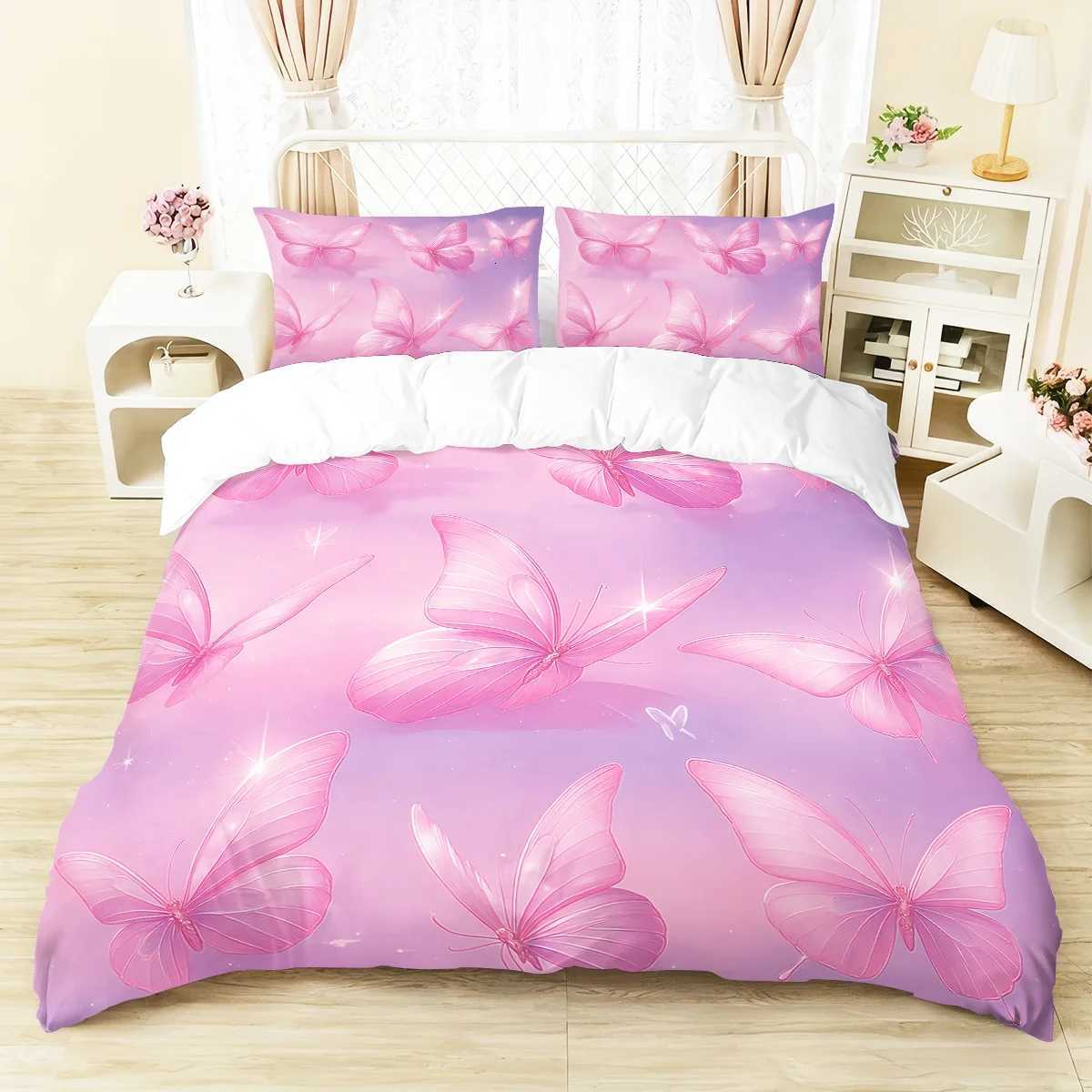 3pcs pink butterfly patterned duvet cover set 1 duvet cover2 cases coreless Soft and comfortable bedding setM251118