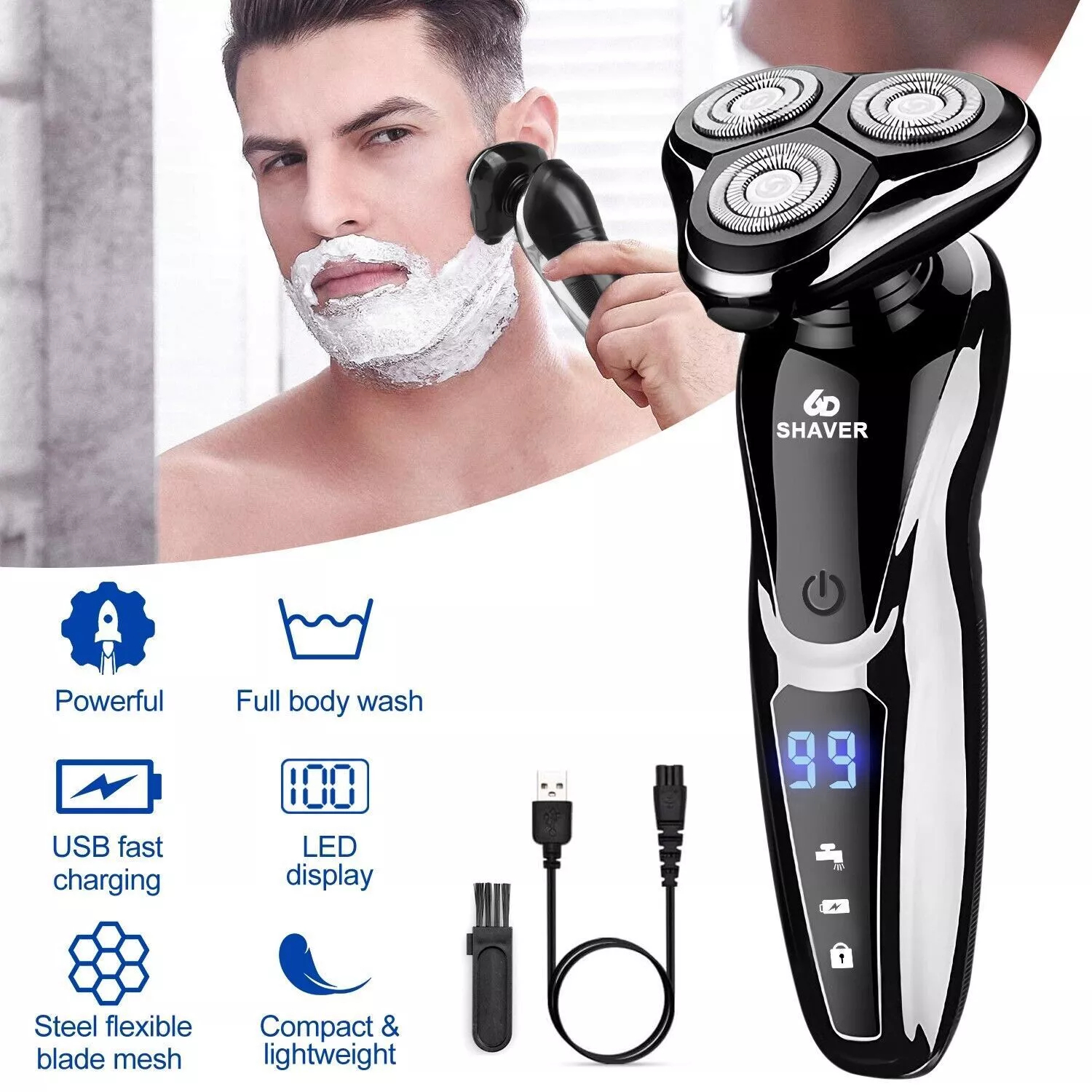 Men's Wet/Dry Electric Shaver, USB Rechargeable Rotary Razor with LED Display, Fast Charging, and Floating 3-Blade Head for Smooth Shaving