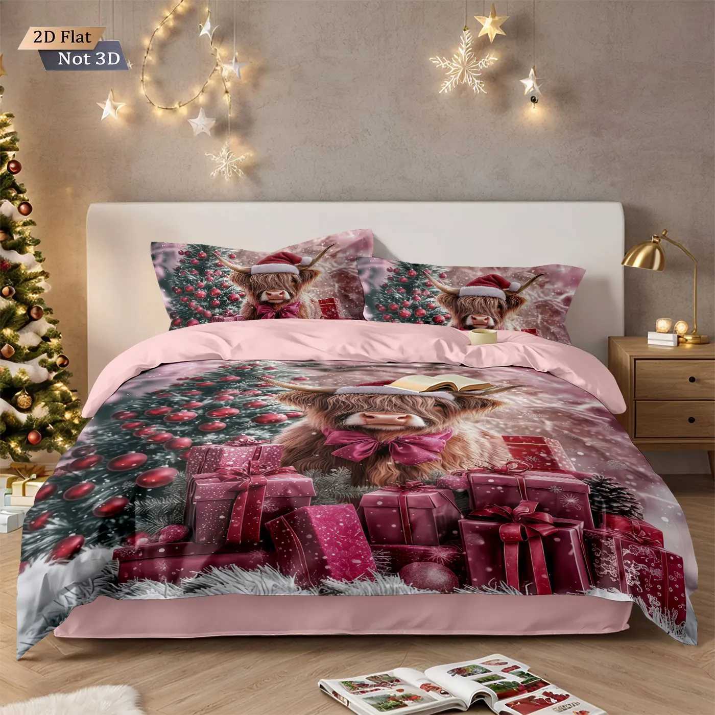 3pcs Red Christmas Highland Cow Gift Print coreless Bedding Set Soft Dormitory Bedroom Multiple Sizes Machine WashableM251118