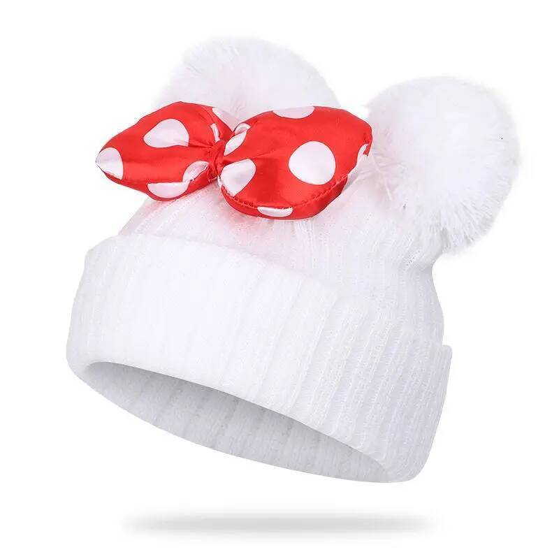 Custom Disney Minnie Bow Knitted Hat Winter Warm Bonnet Hats for Boys Girls Cute Cartoon Mickey Beanie Cap with Pompom Kids Gifts
