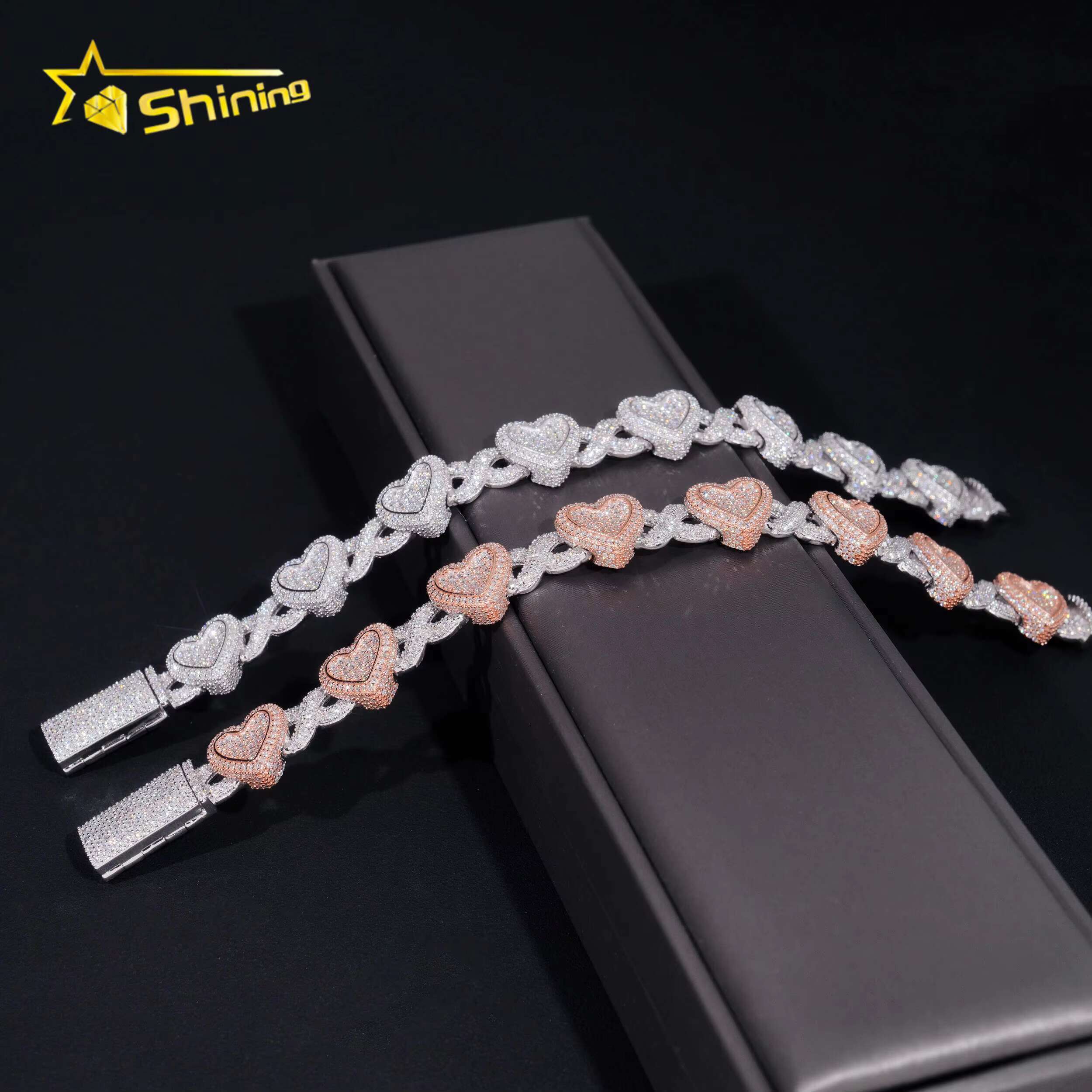 Heart Mixed Infinity Shape Bracelet VVS Moissanite Sterling Sier Ice Out Dia Mossanite Cuban Link Chain