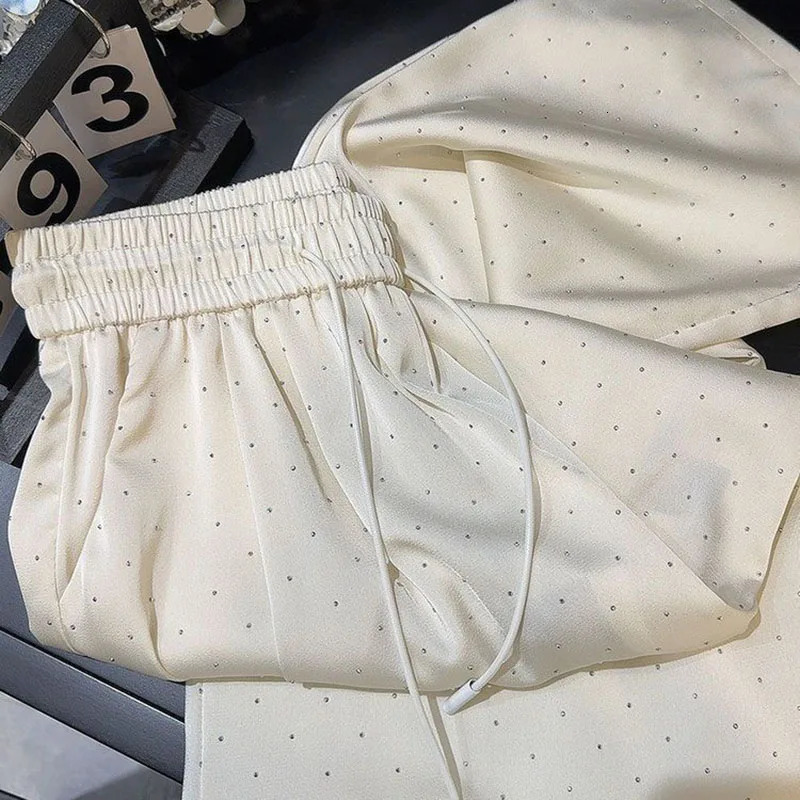 Womens Waist Wide Leg Trousers Women Fashion Full Rhinestone Straight Ladies High Quality Satin Casual Pants 2 Z260314