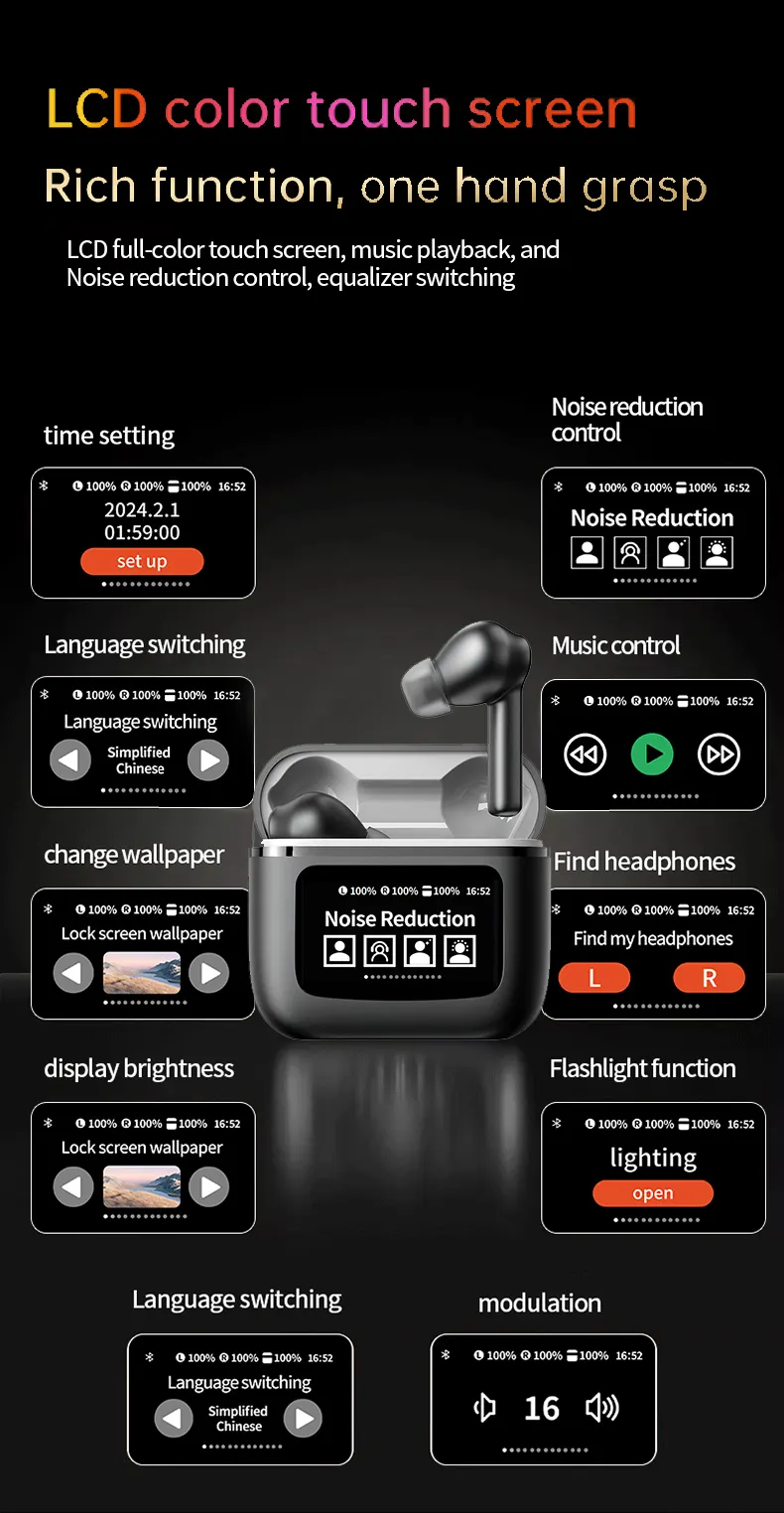 YW09 bluetooth Headset with APP LCD Full Color Touch Screen Charging Case Waterproof Wireless Earphone Support Time Setting