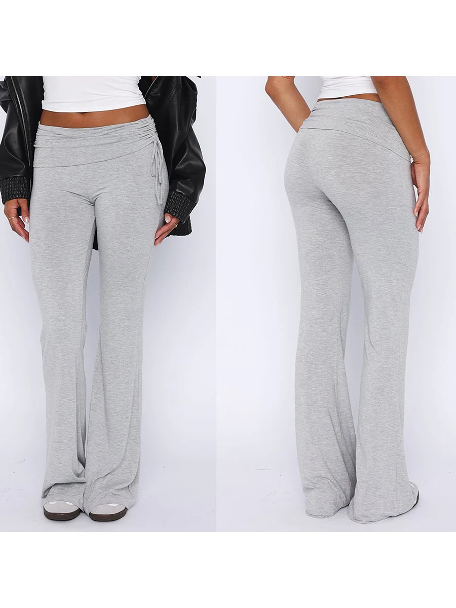 Womens Flare Leg Solid Color Side Drawstring Ruched Sweatpants 2000s Streetwear Gray Casual Loose Long Pants Z260314