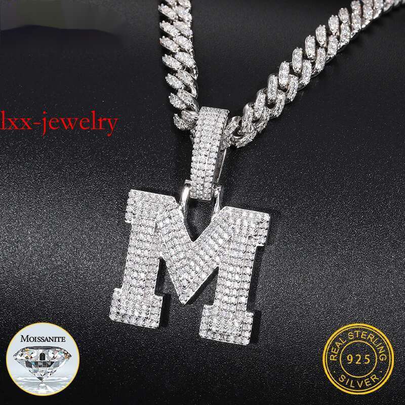 New A-Z Sier Moissanite Necklace Unisex Classic Letters Pendant For Men Hip Hop Fine Jewelry