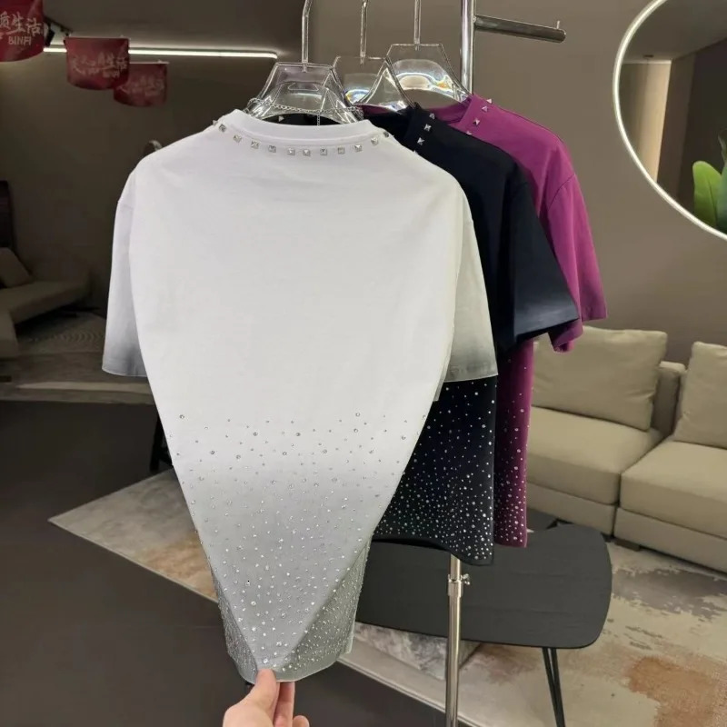 Starry Sky Rivet Diamond Loose Short Sleeve Tshirt for Men Gradient Fashion Casual Round Neck Half Top 250407
