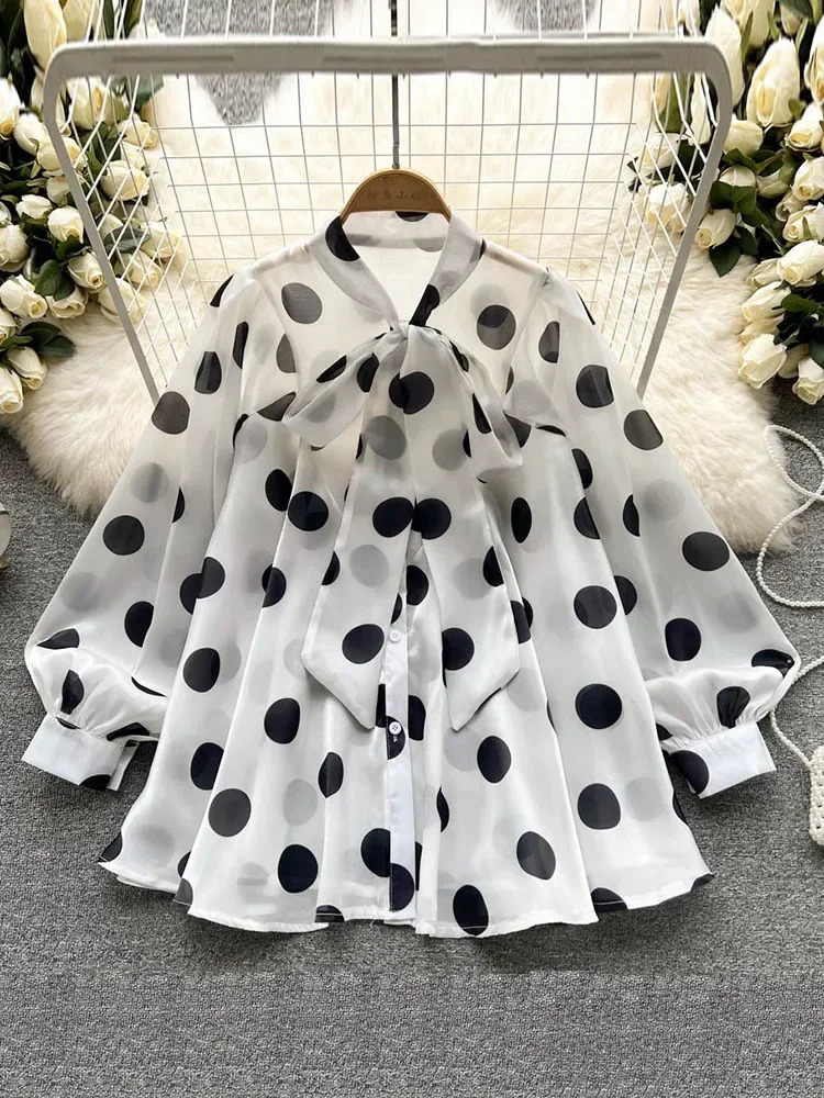 Womens Spring Summer All-match Chiffon Shirt Bow Tie Long-sleeved Polka Dot Western-style Top Blouse D999 250417