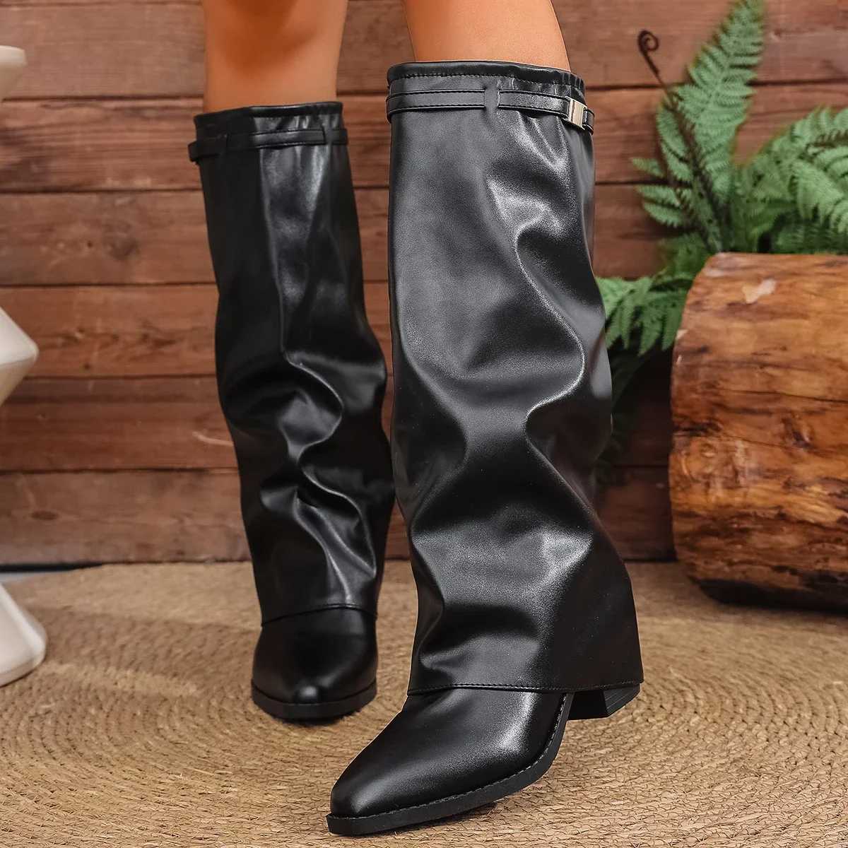 Fashion Fion Fold Over Knee High Boots for Wen Slip On Chunky High Heel Shark Boots Wan Wide Leg PU Leather Long Botas Mujer 2025 Y251118