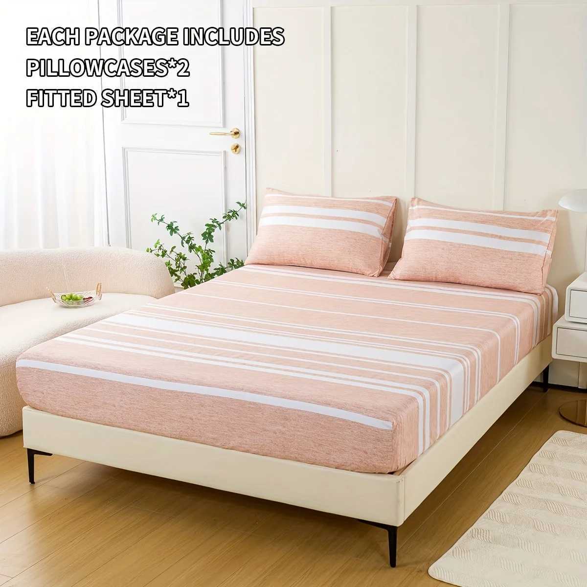 3-Piece Striped Fitted Sheet Set Luxuriously Soft Breathable Includes 1 Fitted Sheet and 2 cases for Cozy Sleep PeM251118
