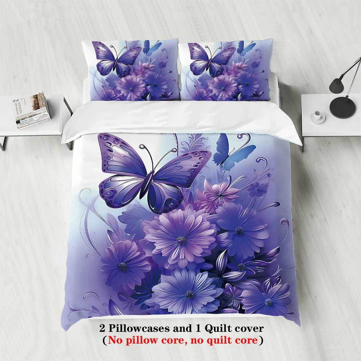 3pcs fashionable purple butterfly printed bedding set soft and comfortable for women bedroom queen king and twin bedM251118