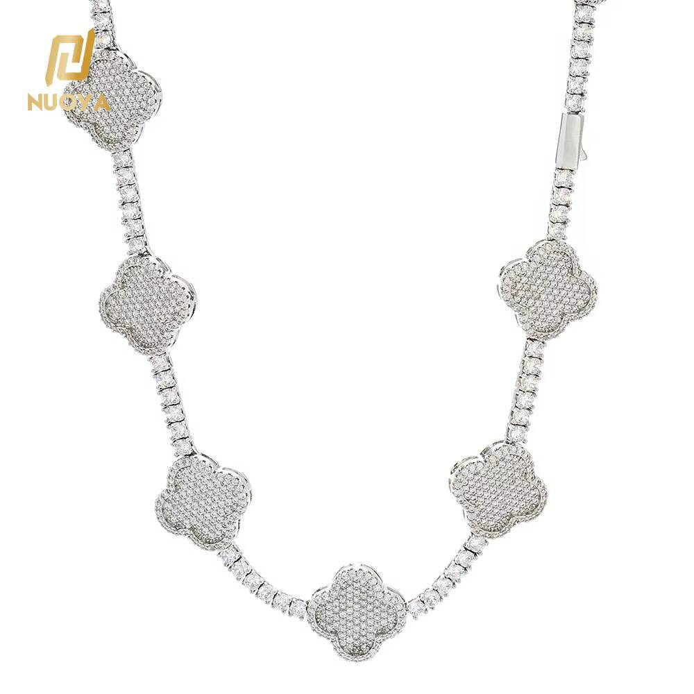 NUOYA 925 Silver VVS Moissanite Four-Leaf Clover Tennis Chain Necklace Luxury Bling Diamond Necklace Hip Hop Jewelry for Women