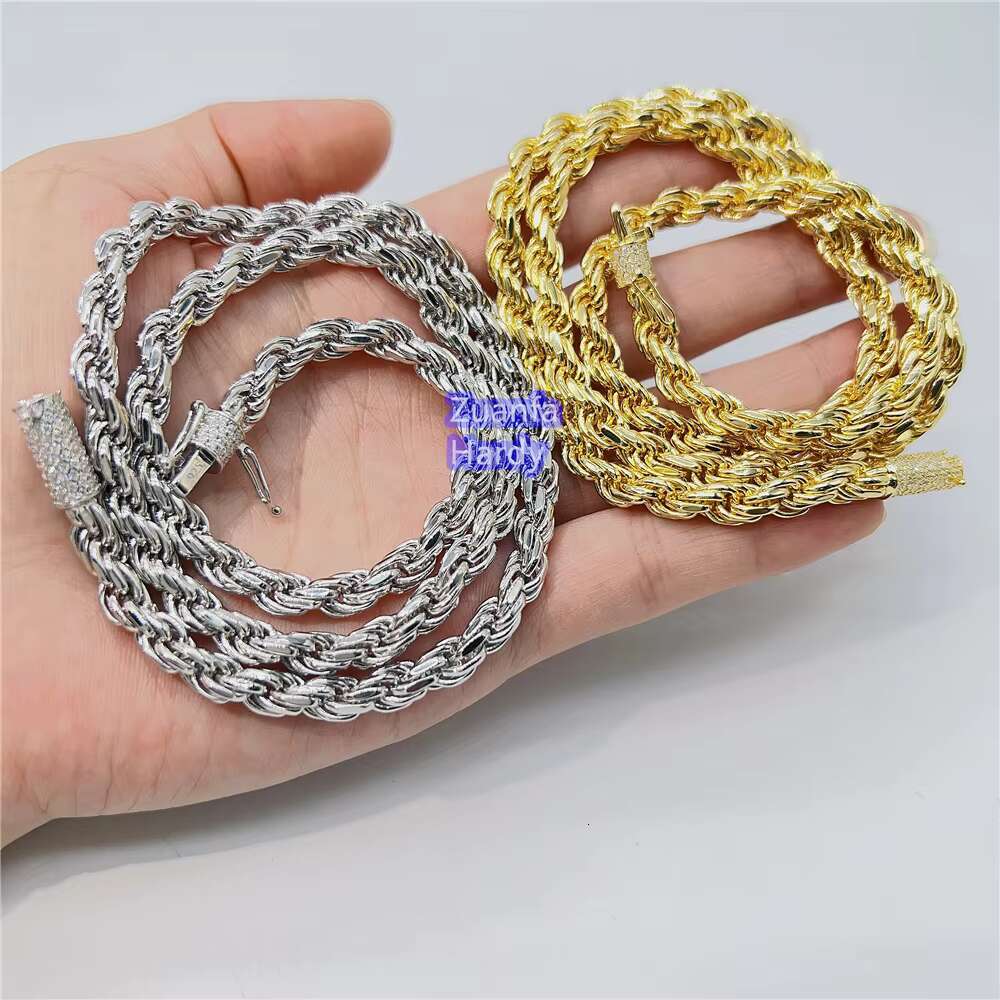 Wholesale Rope Chain Solid 18K Real Gold Plated 925 Sterling Silver VVS Moissanite Iced Out Clasp Rope Chain Necklace