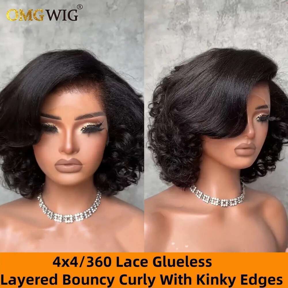 360/5X7 Short Layered Bouncy Curly With 4C Kinky Edges Ready To Go Glueless Human Hair Wigs For Black Women Pre Cut Lace Remy