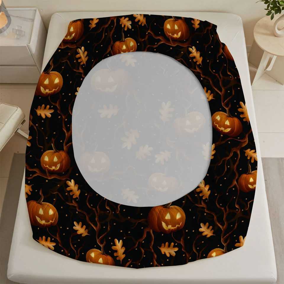 3pcs Fitted Sheet Set Evil Pumpkin Maple Leaf Print Polyester Breathable Bedding Set for Home Halloween Decor with 2 casesM251118