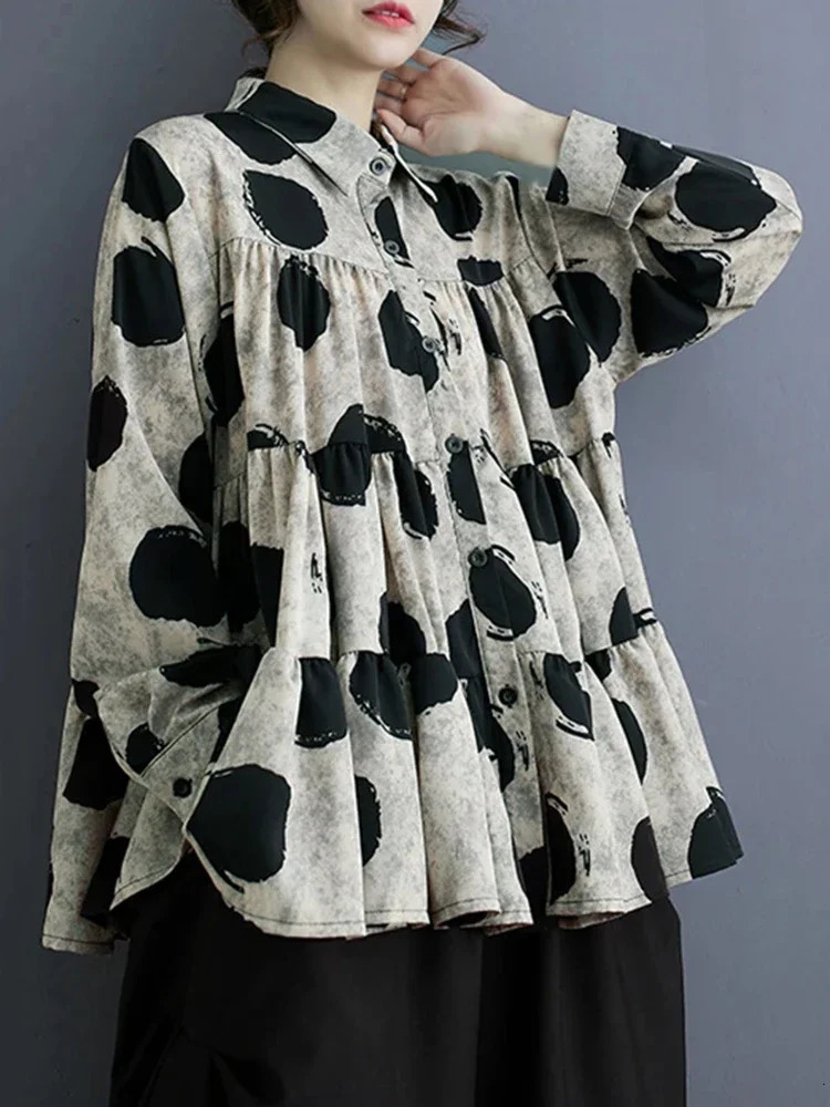 XITAO Loose Folds Print Dot Shirt Casual Single Breasted Women Spring Simplicity All-match Trend Street Wind Top DMJ3770 250417