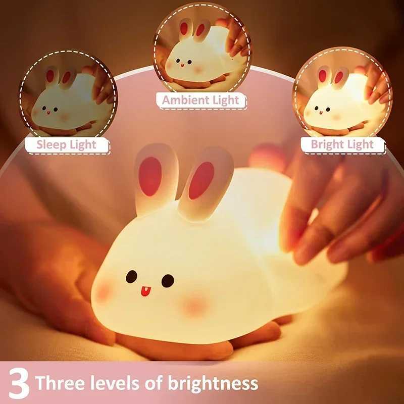 Bunny Night Light Silicone Nursery Cute Sleeping Lamp USB Rechargeable Touch Switch Control Table Led for Child Girlfriend Gift M251118