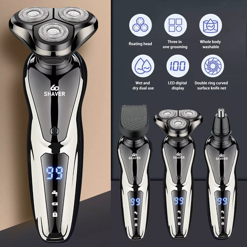 Men's Wet/Dry Electric Shaver, USB Rechargeable Rotary Razor with LED Display, Fast Charging, and Floating 3-Blade Head for Smooth Shaving