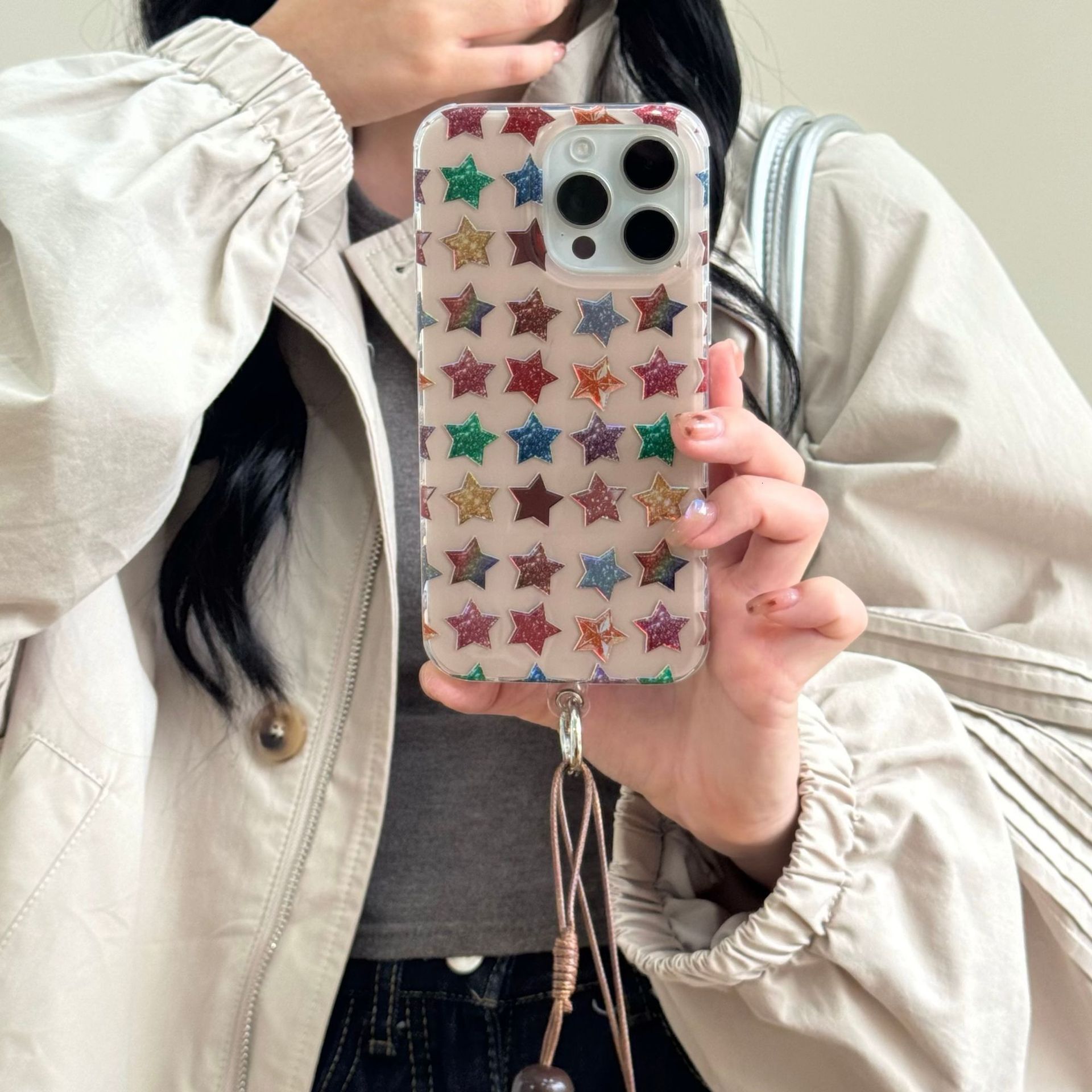 Full Screen Colorful Stars Phone Case Compatible iPhone 17 Pro Max New Model with Hand Strap Protective Case iPhone 16/15/ Pro