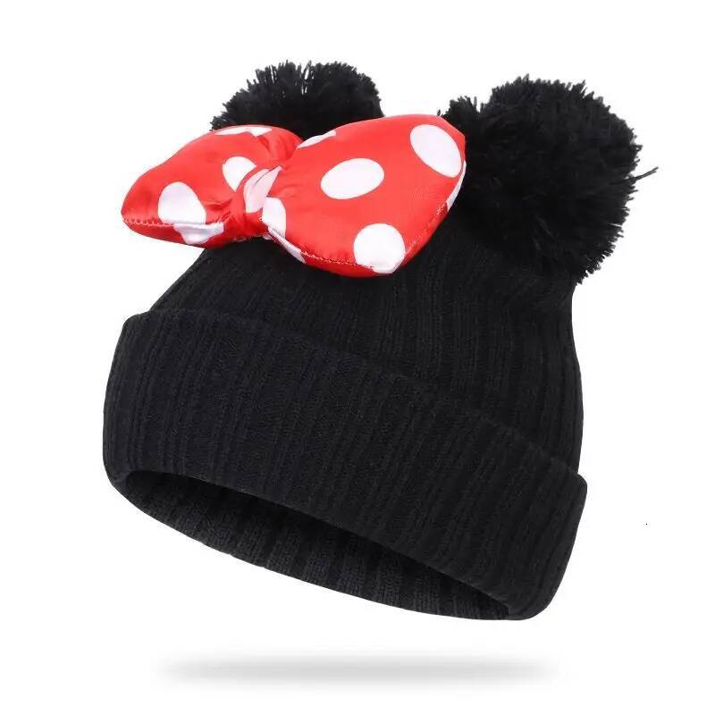 Custom Disney Minnie Bow Knitted Hat Winter Warm Bonnet Hats for Boys Girls Cute Cartoon Mickey Beanie Cap with Pompom Kids Gifts