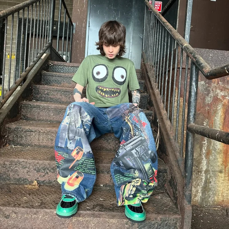 Y2K American High Street hip hop trend Loose T-shirt funny printed n elements top men Goth Harajuku oversized t shirt 250417