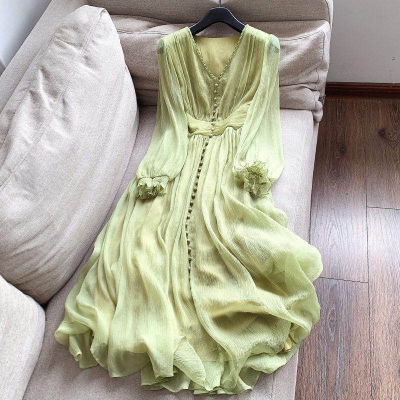 DD9280 Women's 2025 Spring and Summer New Mulberry Silk Beaded V-neck Long Skirt Fairy Dress