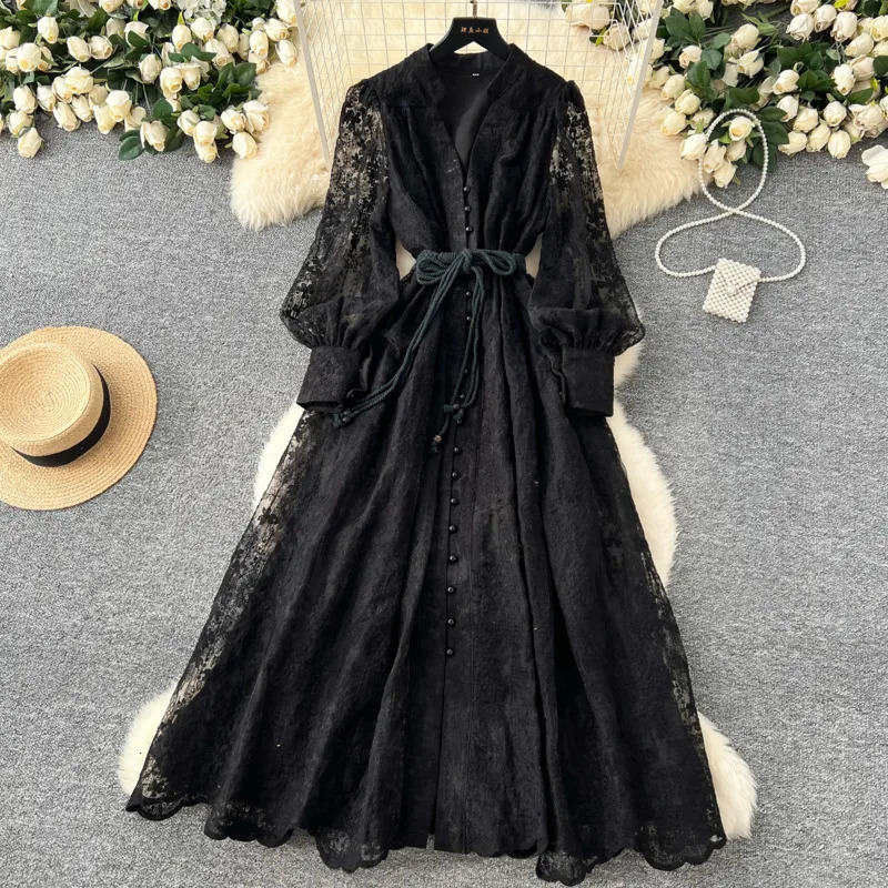 XFPV Bandage Gathered Waist Dress For Women V-neck Long Sleeves Single Breasted Loose Big Umbrella Clothing Fashion 22D408 250417